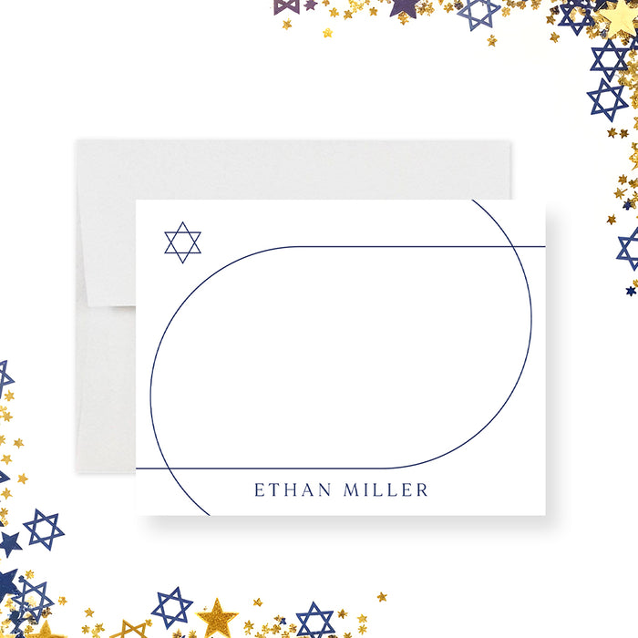 Personalized Bar or Bat Mitzvah note card with a navy arch and Star of David shown with a white envelope-front