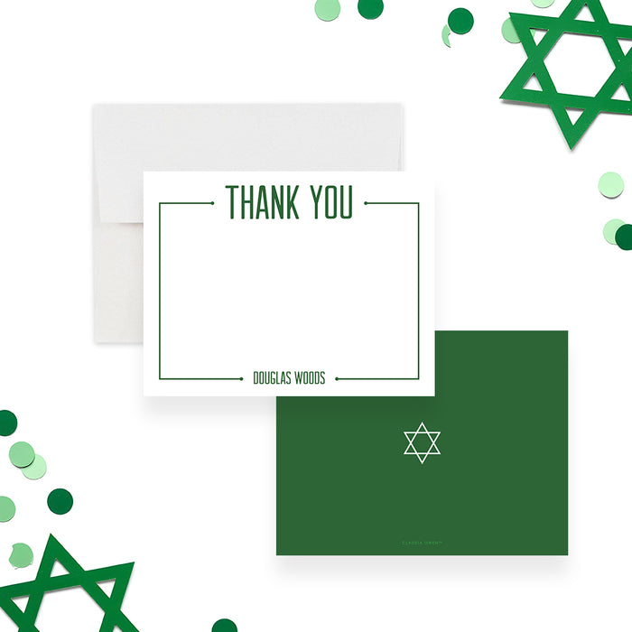 Personalized Bar Mitzvah thank you card with custom name and modern green border-front-back