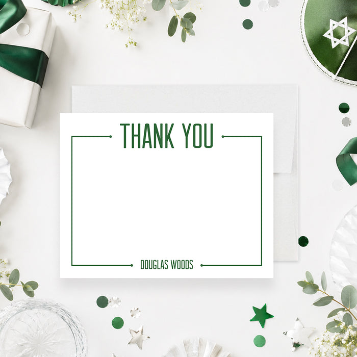 Personalized Bar Mitzvah thank you card with custom name and modern green border-front