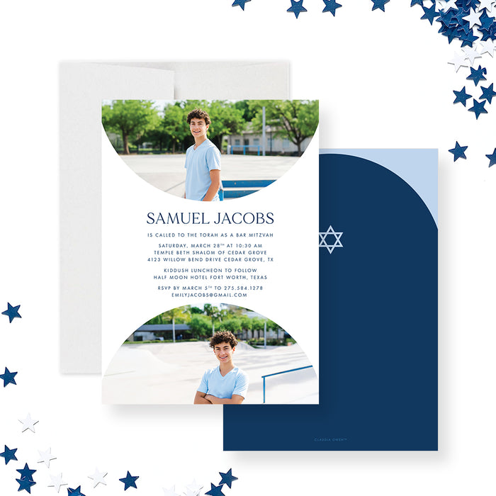 Custom Bar Mitzvah invitation with photo and personalized details, perfect for Jewish celebrations and milestone events.-front-back