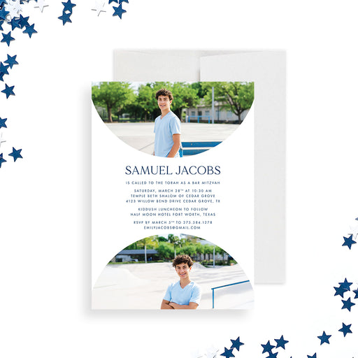 Custom Bar Mitzvah invitation with photo and personalized details, perfect for Jewish celebrations and milestone events.-front