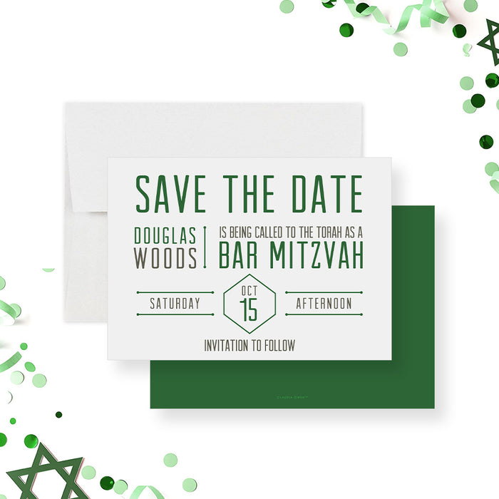 Modern green Bar Mitzvah save the date card with personalized name and event date-front-back