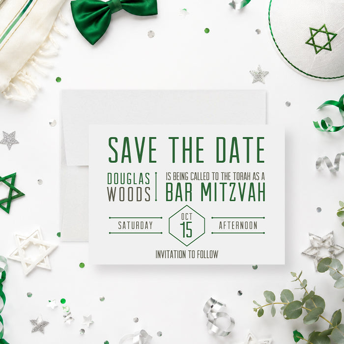 Modern green Bar Mitzvah save the date card with personalized name and event date-front