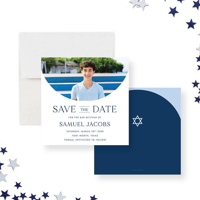 Custom Bar Mitzvah save the date card with your photo and personalized event details.-front-back