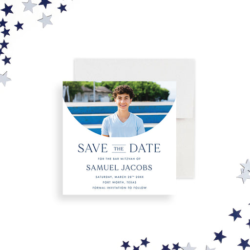 Custom Bar Mitzvah save the date card with your photo and personalized event details.-front