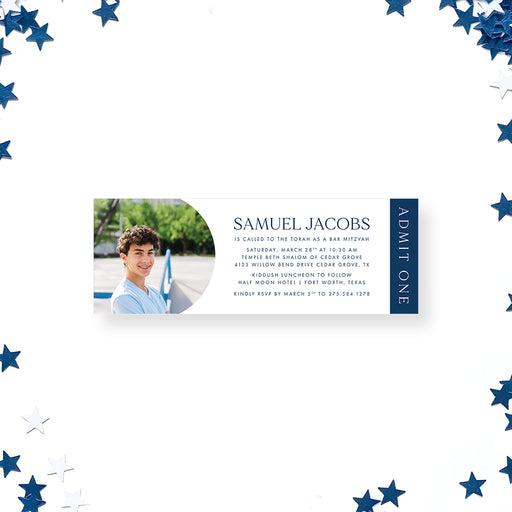 Personalized Bar Mitzvah ticket invitation with photo, navy design, customizable with event details, unique party pass for milestone celebrations.