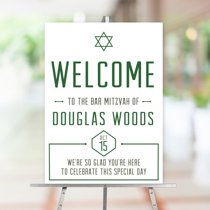 Personalized green and white Bar Mitzvah welcome sign with Star of David, custom name and event date