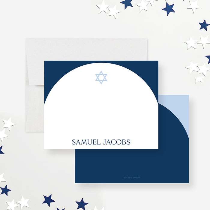 Personalized Star of David note card featuring navy and white design, customizable with the celebrant’s name, perfect for bar/bat mitzvah favors or meaningful gifts-front-back