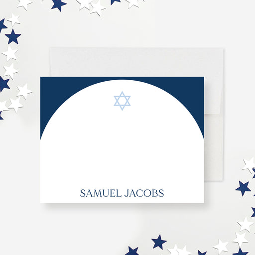 Personalized Star of David note card featuring navy and white design, customizable with the celebrant’s name, perfect for bar/bat mitzvah favors or meaningful gifts-front