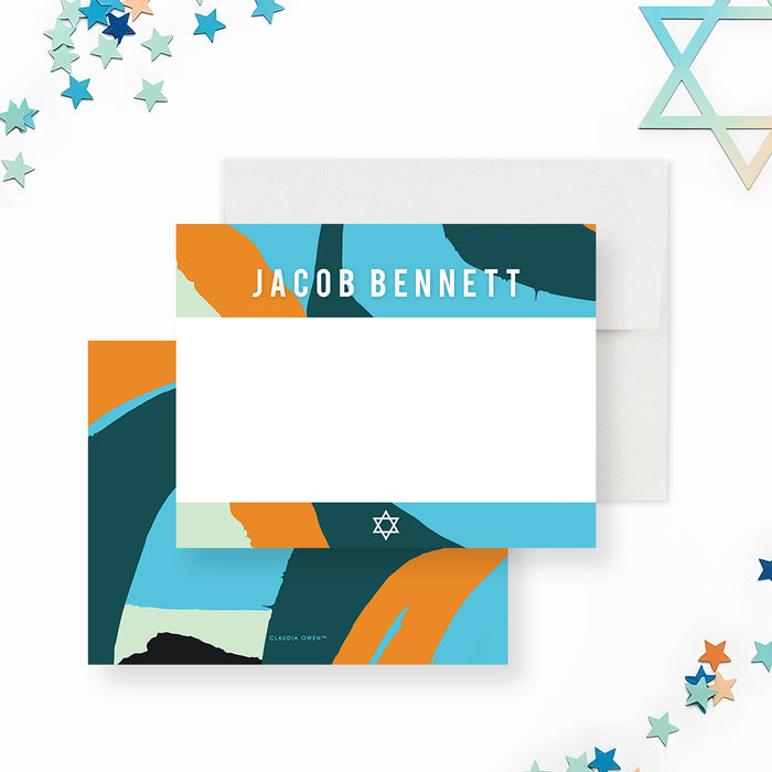 Personalized Bar Mitzvah note card featuring a modern abstract design in teal, orange, and green, with a Star of David and customizable name.-front-back