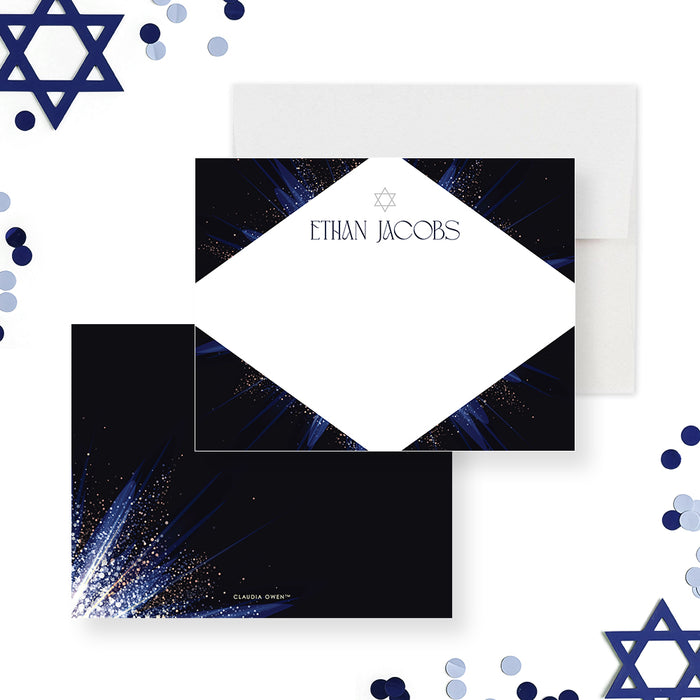 Personalized note card featuring a Star of David, an elegant Jewish stationery gift for Bar or Bat Mitzvah celebrations.-front-back