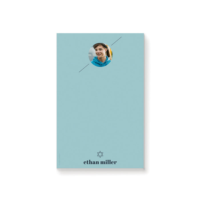 Personalized Bar Mitzvah notepad featuring photo and Star of David, custom stationery gift, party favor, or keepsake.