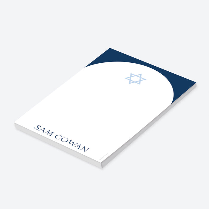 Personalized notepad featuring a Star of David design, navy header, and custom printed name at the bottom, making it an ideal gift for bar/bat mitzvahs.-side