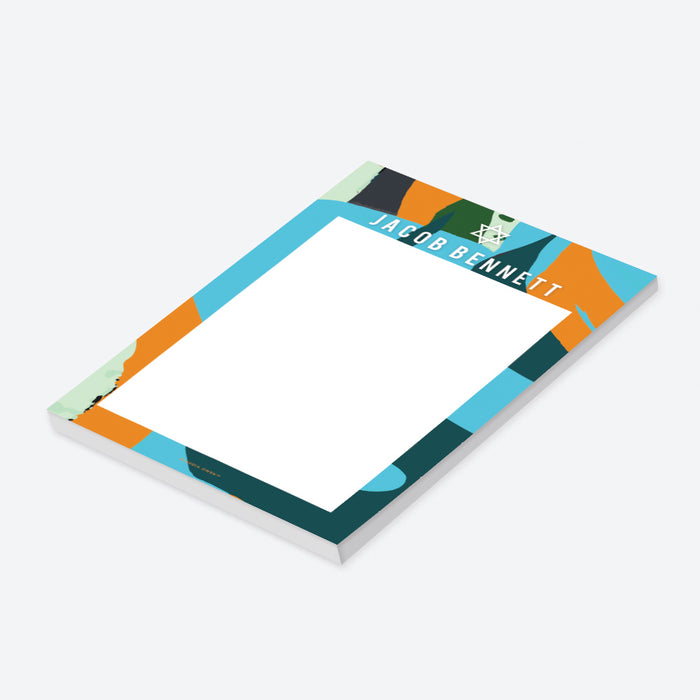 Personalized notepad featuring a Star of David and colorful abstract design, customized with a name, ideal for a Bar Mitzvah gift.-side