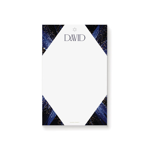 Personalized Jewish notepad with a Star of David and elegant sparkling design, ideal for Bar or Bat Mitzvah gifts.