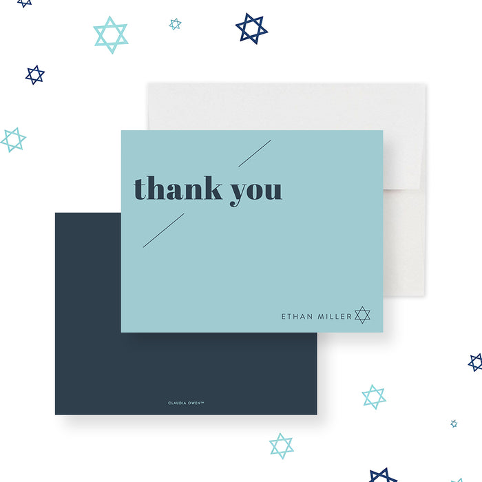 Light blue personalized thank you card with navy text and Star of David, perfect for bar mitzvah or Jewish celebrations.-front-back