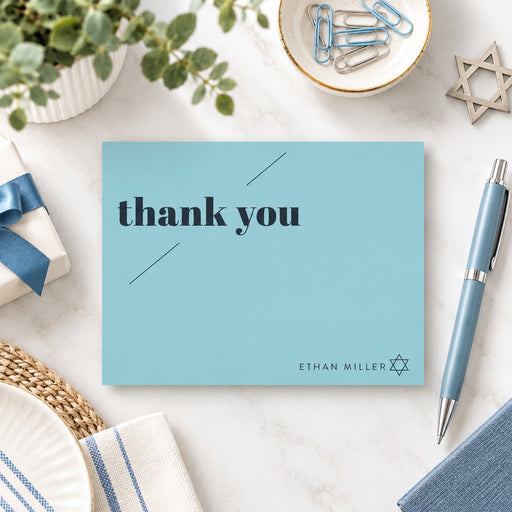 Light blue personalized thank you card with navy text and Star of David, perfect for bar mitzvah or Jewish celebrations.-front