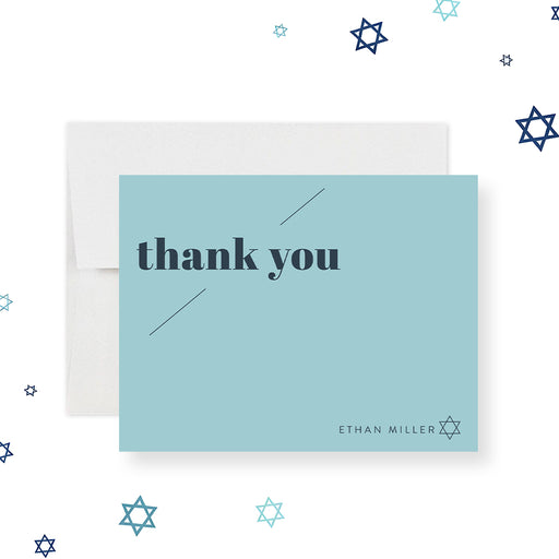 Light blue personalized thank you card with navy text and Star of David, perfect for bar mitzvah or Jewish celebrations.-front