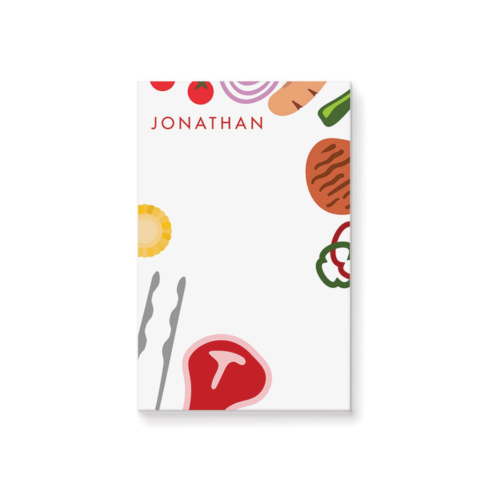 Personalized barbecue notepad with custom name and illustrations of grilled food, vegetables, steak, corn, and barbecue utensils.