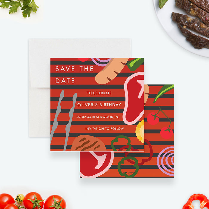Personalized BBQ birthday save the date card with red and black stripes, grilling illustrations, and custom event details.