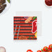 Personalized BBQ birthday save the date card with red and black stripes, grilling illustrations, and custom event details.