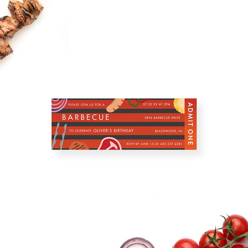 Personalized BBQ birthday ticket invitation with red and black stripes, grilled food illustrations, and custom party details.