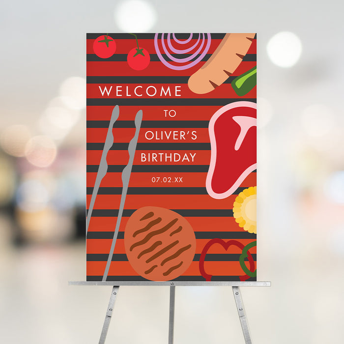 Personalized BBQ birthday welcome sign with red and black stripes, grilled food illustrations, custom name, and party date.