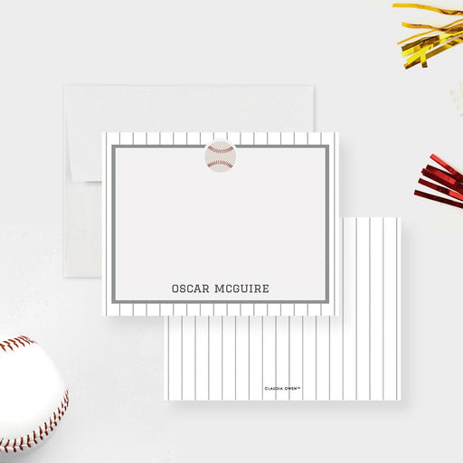 Personalized white baseball note card with a small baseball illustration, gray border and pinstriped reverse.