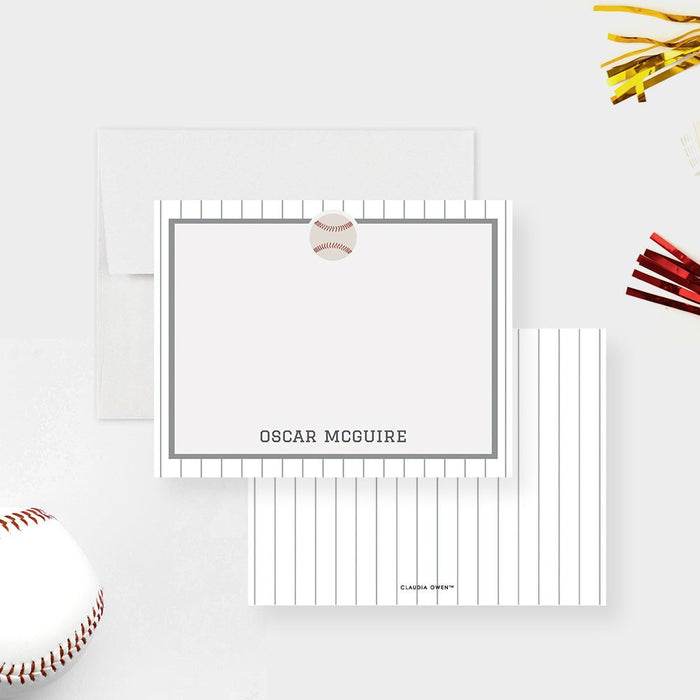 Personalized white baseball note card with a small baseball illustration, gray border and pinstriped reverse.