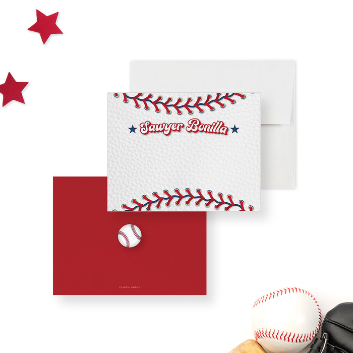 Baseball stitching note cards with a personalized white front and red reverse with a small baseball illustration.