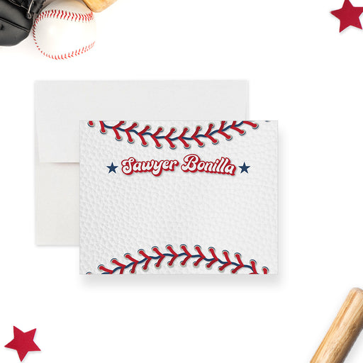 Personalized baseball note card with red stitching along the top and bottom and a blue-and-red name near the top.