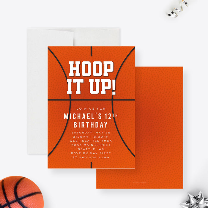 Personalized basketball birthday invitation with an orange basketball texture, “Hoop It Up!” lettering, and custom birthday details.