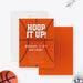 Personalized basketball birthday invitation with an orange basketball texture, “Hoop It Up!” lettering, and custom birthday details.