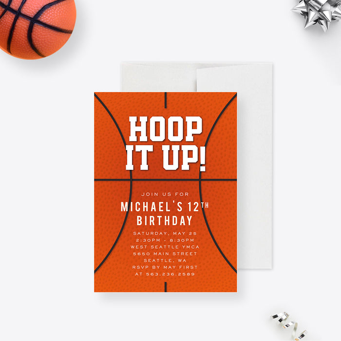 Personalized basketball birthday invitation with an orange basketball texture, “Hoop It Up!” lettering, and custom birthday details.
