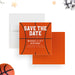 Personalized basketball birthday save the date card with an orange basketball-textured background and custom party details.