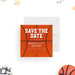 Personalized basketball birthday save the date card with an orange basketball-textured background and custom party details. 