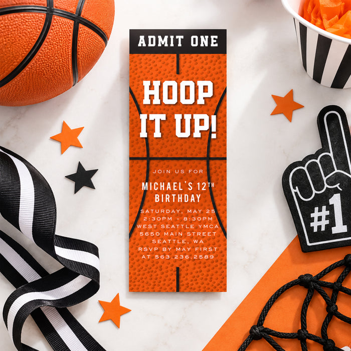 Personalized basketball birthday ticket invitation with orange basketball, black “Admit One” header, and custom party details.