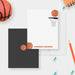 Basketball thank you cards with orange basketballs and a hoop on the white front, and an orange basketball centered on a dark gray back.