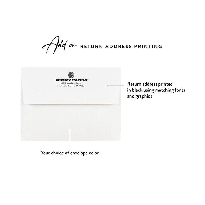 Optional return address printing on a white envelope flap with a black basketball icon, name and address.