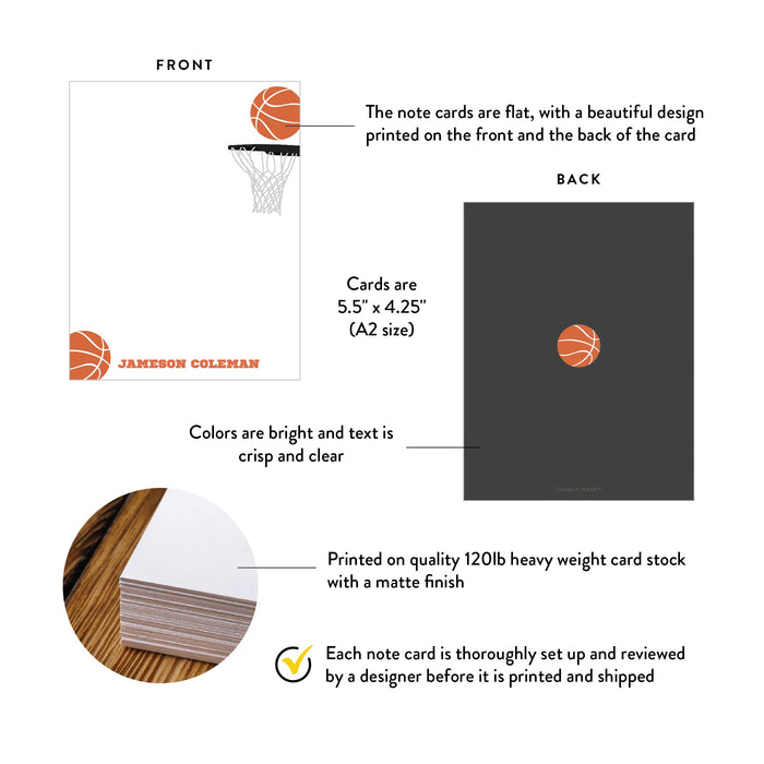 A2 note card specifications: 5.5 × 4.25 inches, double-sided printing and heavyweight 120 lb white matte cardstock.