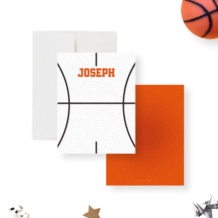 Personalized basketball note card with a white basketball-textured background and a custom name in orange lettering.