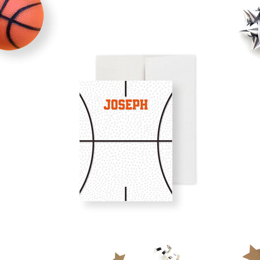 Personalized basketball note card with a white basketball-textured background and a custom name in orange lettering.
