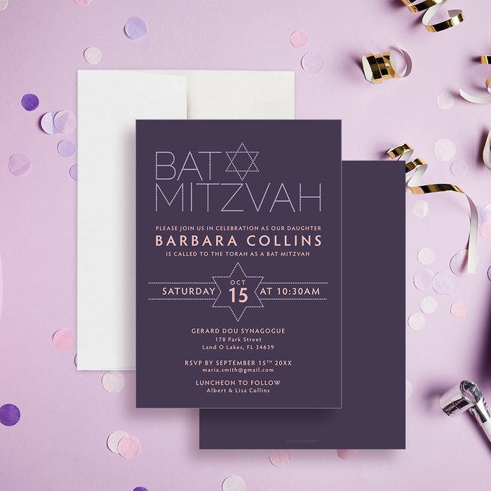 Modern personalized Bat Mitzvah invitation with plum purple background, Star of David and custom event details-front-back