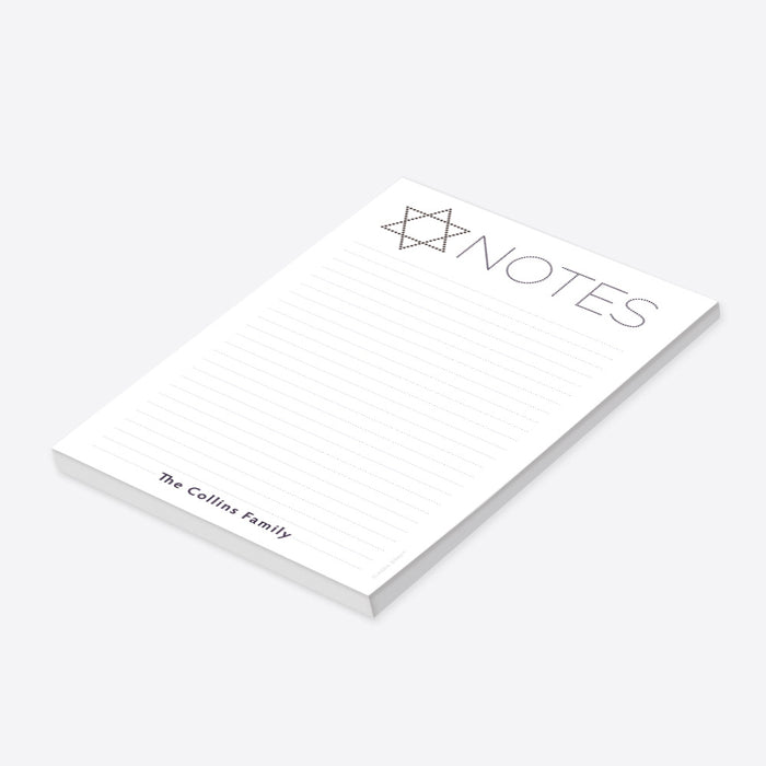 Personalized Jewish notepad with Star of David, lined writing space and custom family name-side
