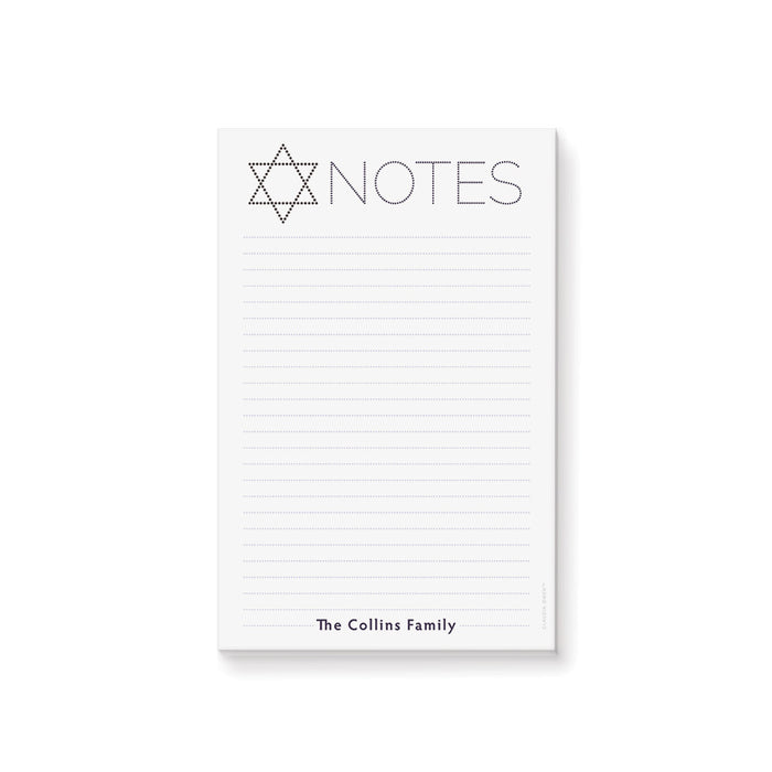 Personalized Jewish notepad with Star of David, lined writing space and custom family name