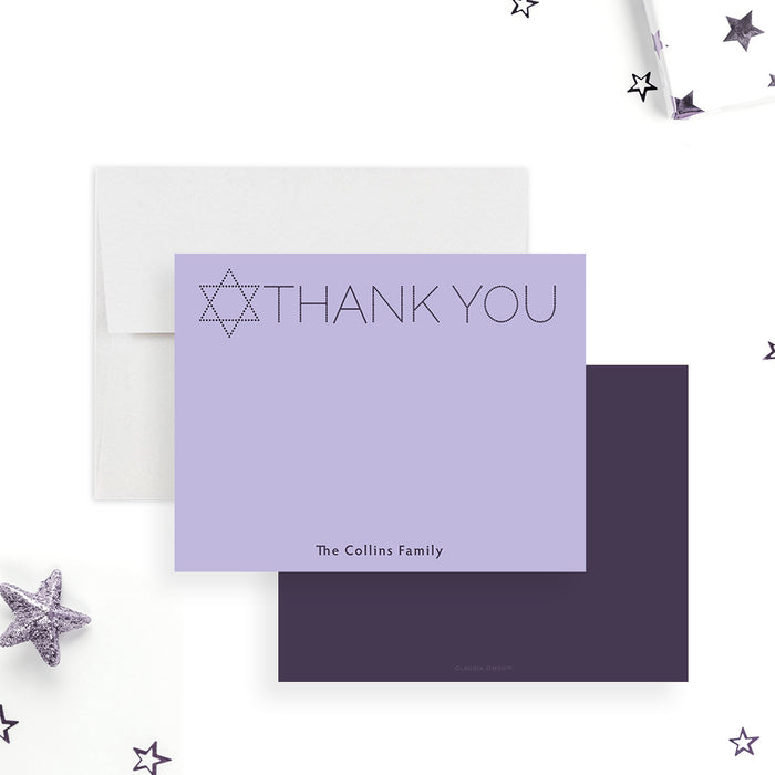 Personalized Jewish thank you card with Star of David, lavender background and custom family name-front-back