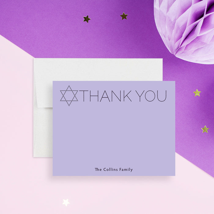 Personalized Jewish thank you card with Star of David, lavender background and custom family name-front