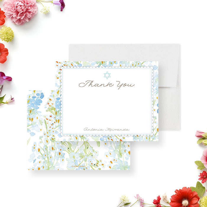 Personalized Jewish floral thank you card with Star of David, watercolor flowers, and custom name-front-back