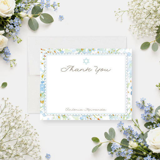 Personalized Jewish floral thank you card with Star of David, watercolor flowers, and custom name-front