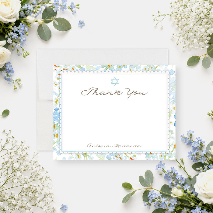 Personalized Jewish floral thank you card with Star of David, watercolor flowers, and custom name-front
